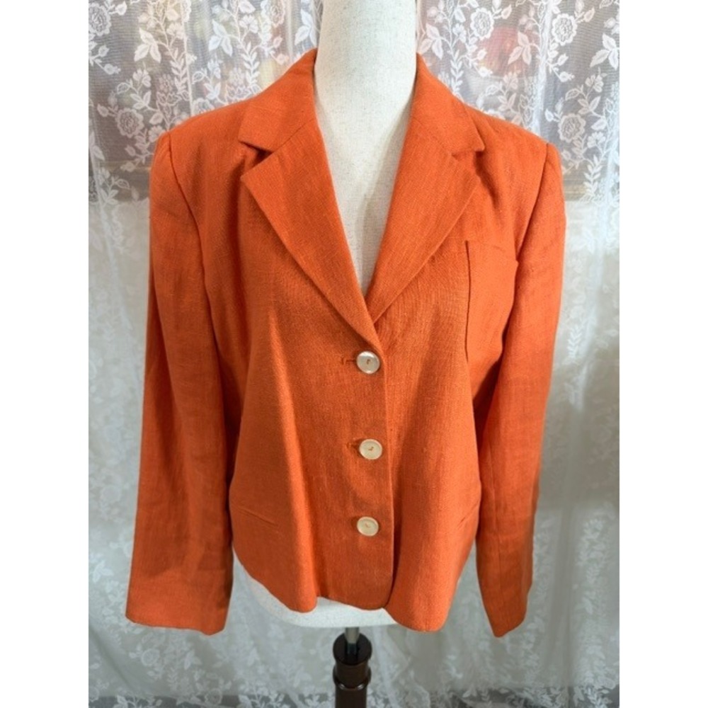 Vintage Orange Linen Blend Three Button Blazer Jacket Notched Lapel Lined